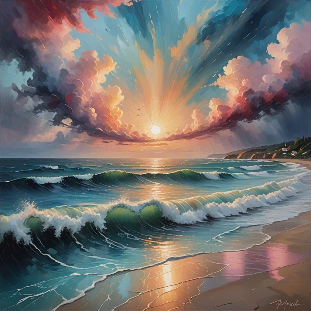 Gorgeous Ocean in Impasto Style with Stormy Clouds