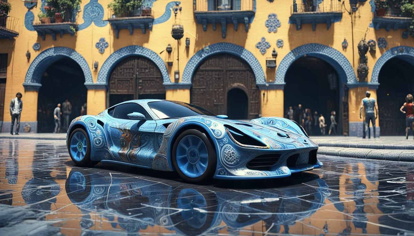 Talavera Porcelain Car in Cyberpunk Puebla
