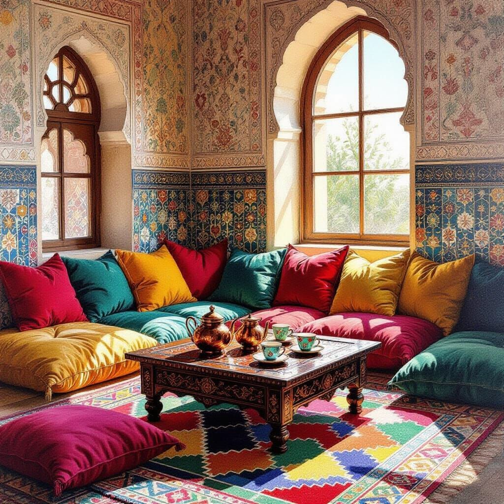 Cozy Traditional Arab Interior Mixed Media Painting