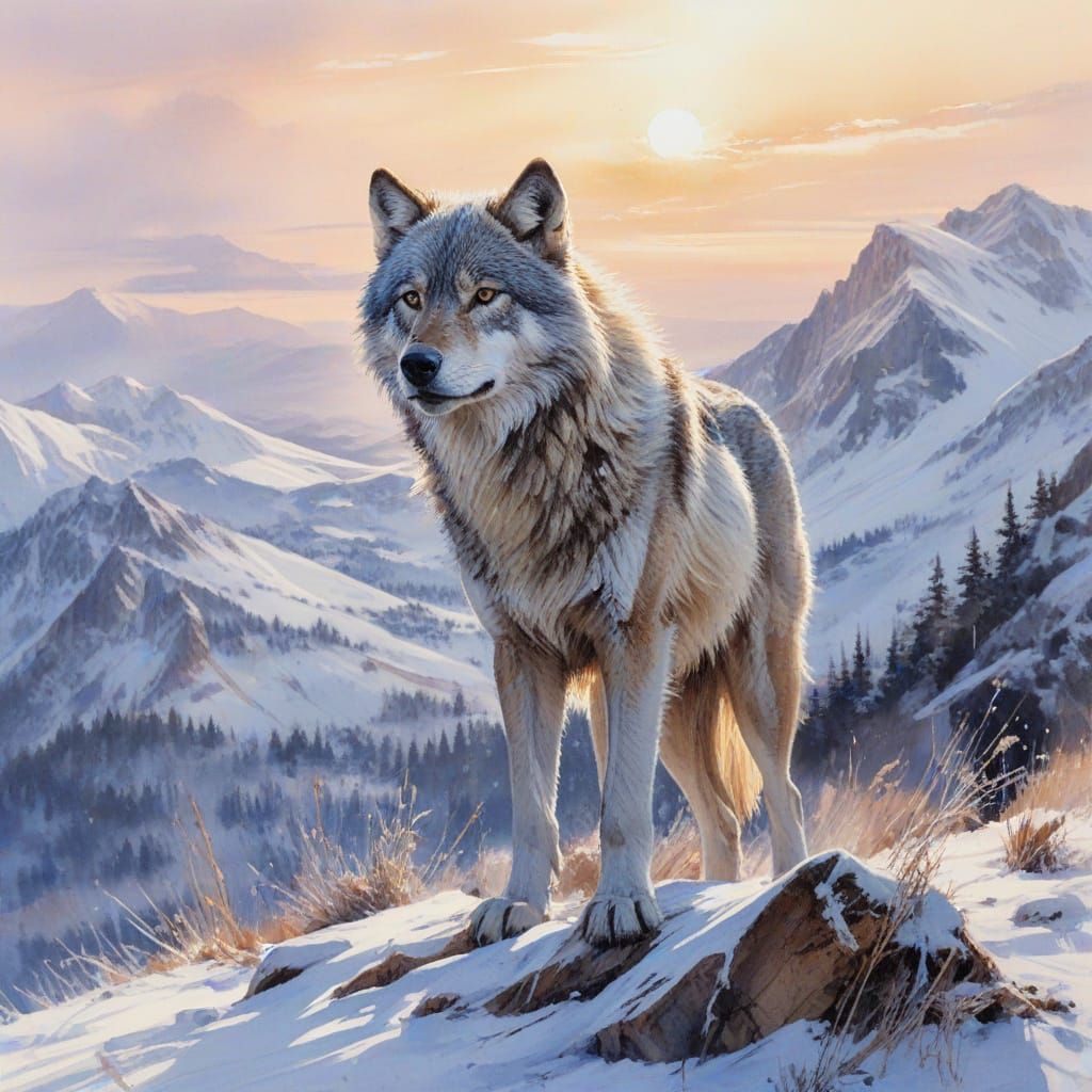Ethereal Wolf in Serene Winter Landscape