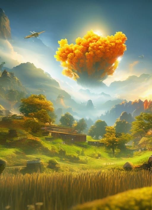 Japanese Airship in Apocalyptic Cyberpunk Landscape