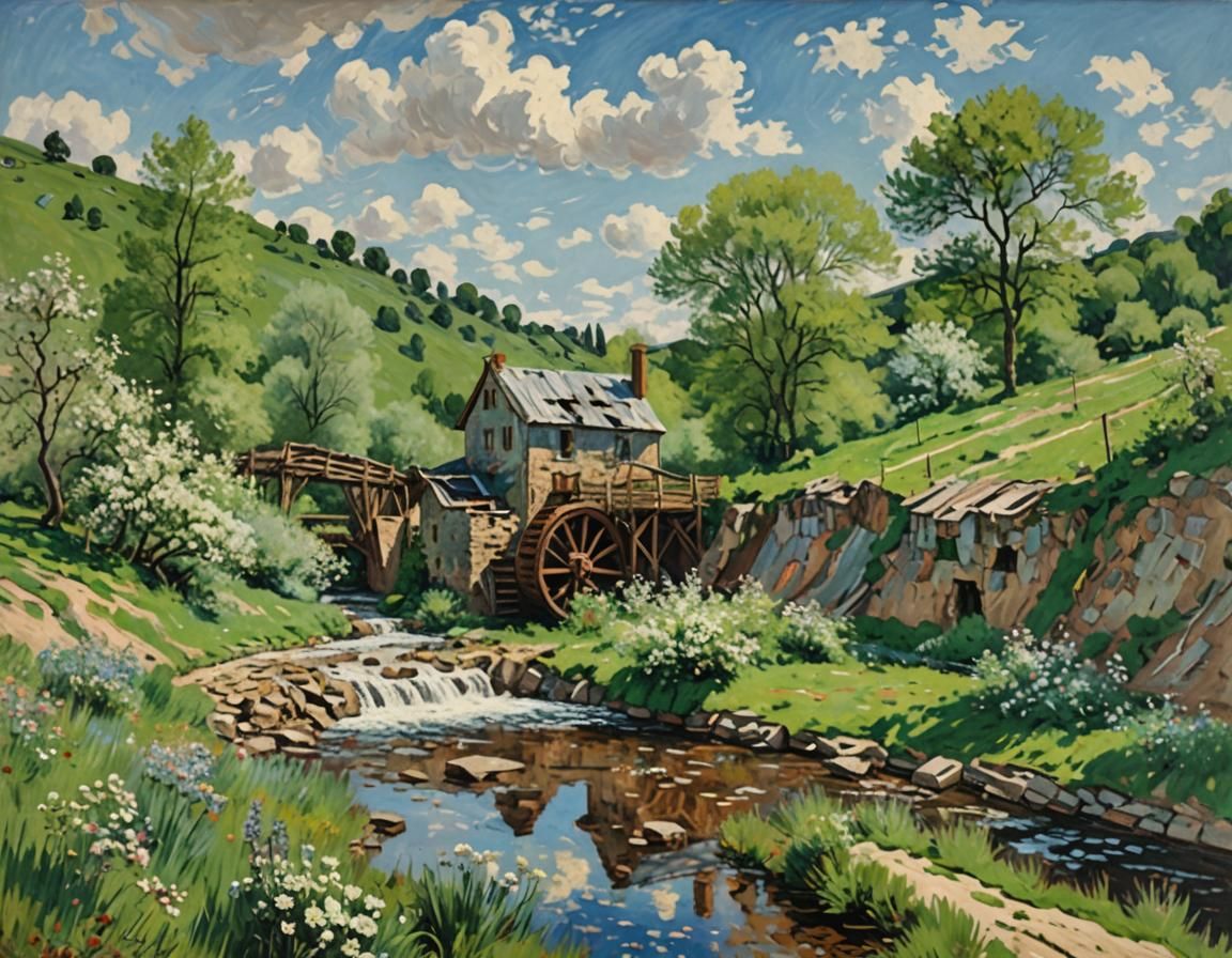 Blooming Spring Landscape with Mill, Monet Style