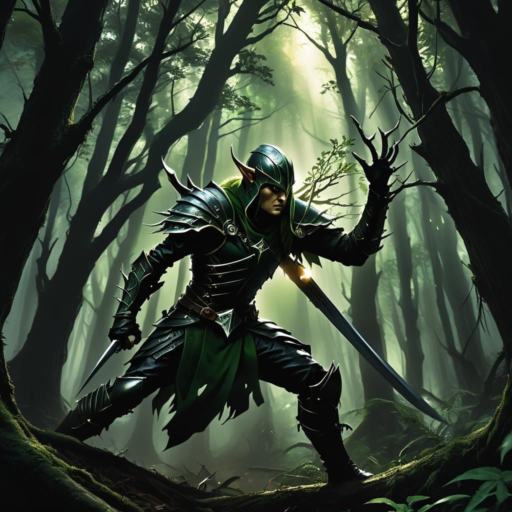Elven Warrior in Sinister Forest: Dark Fantasy Art