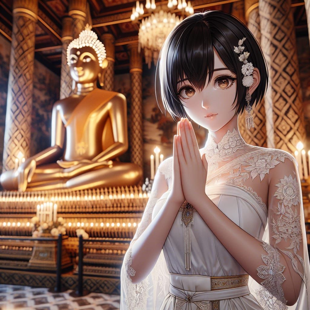 Anime Woman Praying in Thai Temple, High Resolution