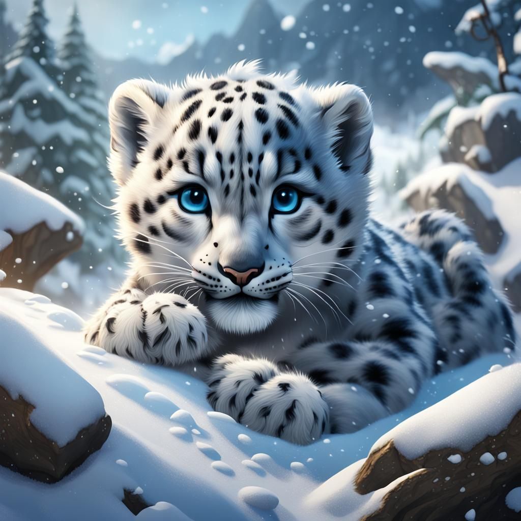 Playful Baby Snow Leopard in Detailed Digital Painting