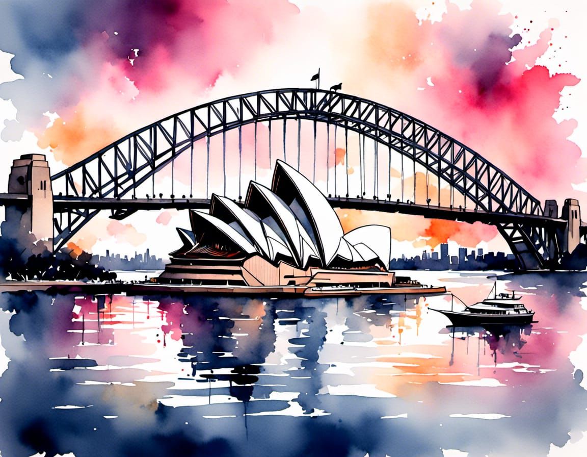 Sydney Opera House: Antique Watercolor and Ink Sketch