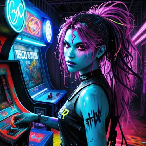 Neon Arcade Machine in Street Art Style