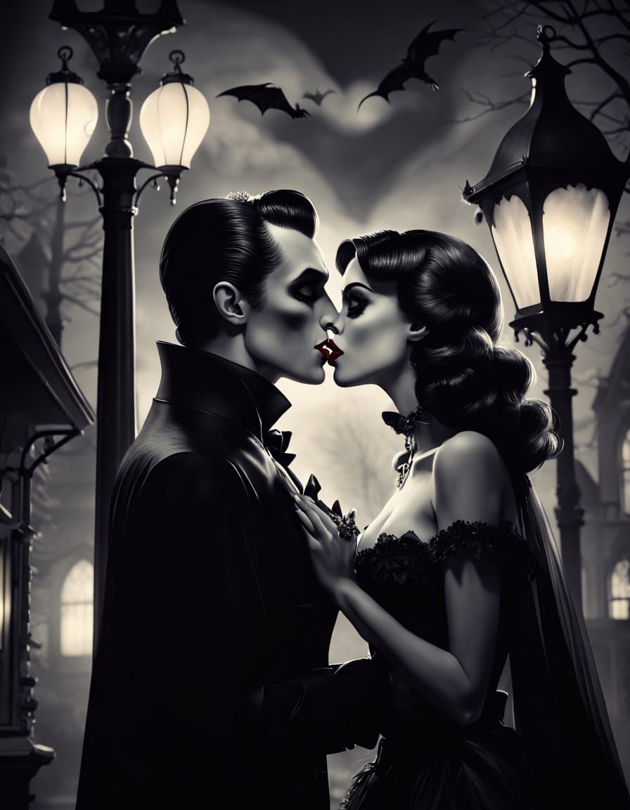 Gothic Romance: Vampire and Ghoul Kiss Under Heart Streetlam...