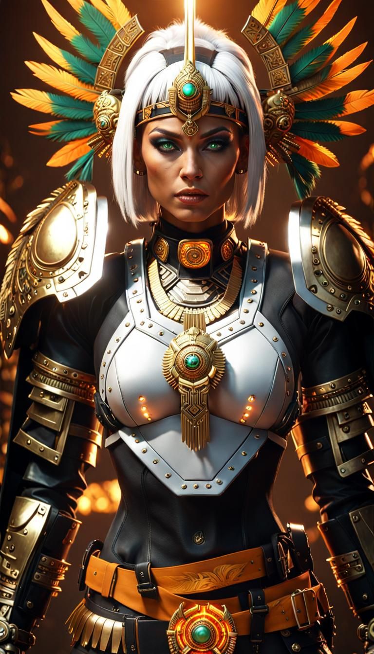 Aztec Warrior Woman in Cyberpunk Servo-Armor