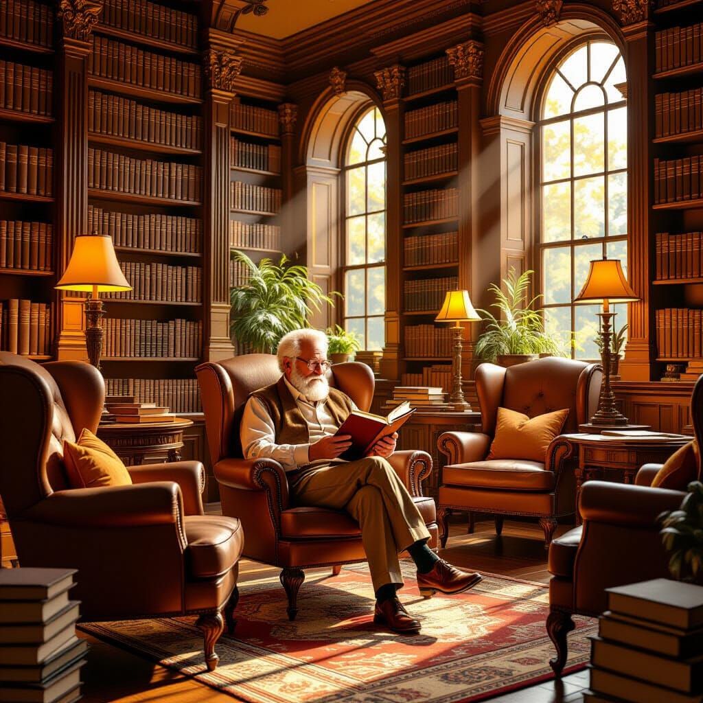 Sun-Drenched Library with Reader, Vintage Aesthetic