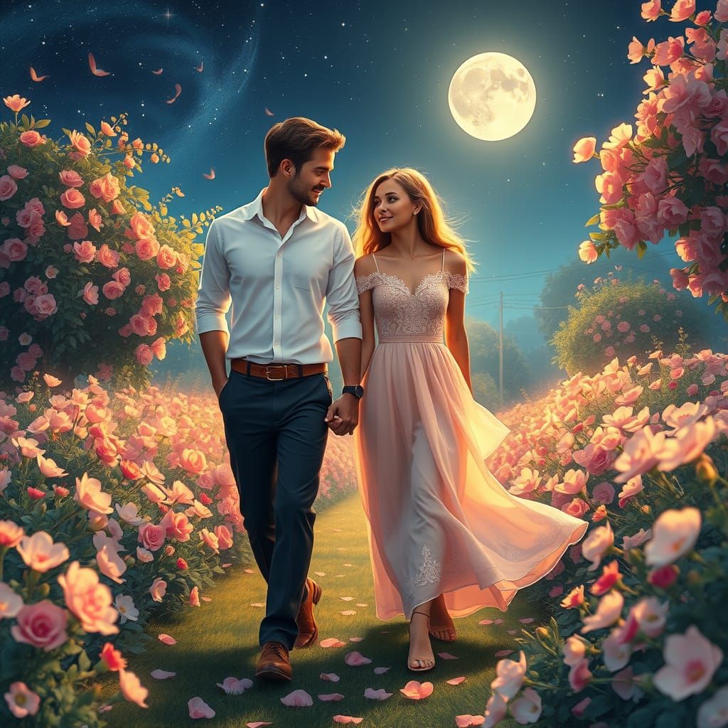 Romantic Couple Strolls Through Impressionist Garden at Nigh...