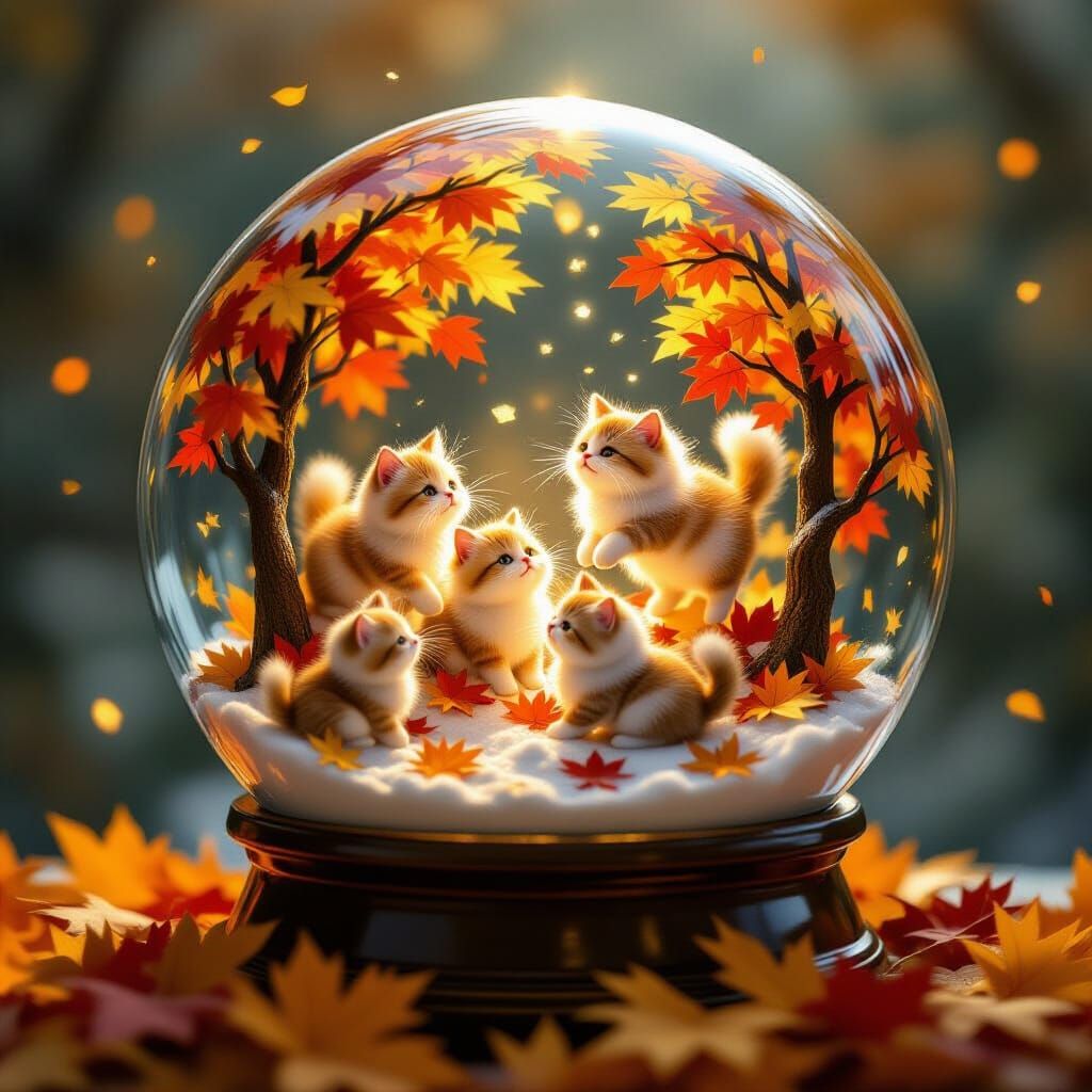 Whimsical Cats in Autumn Snow Globe Illustration