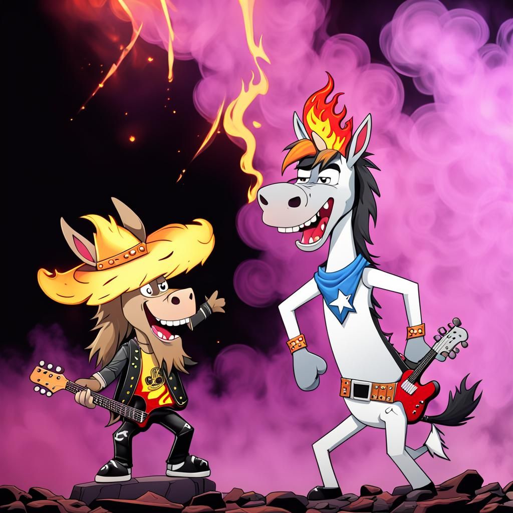 Cartoon Donkey and Horse Rock Stars on Stage