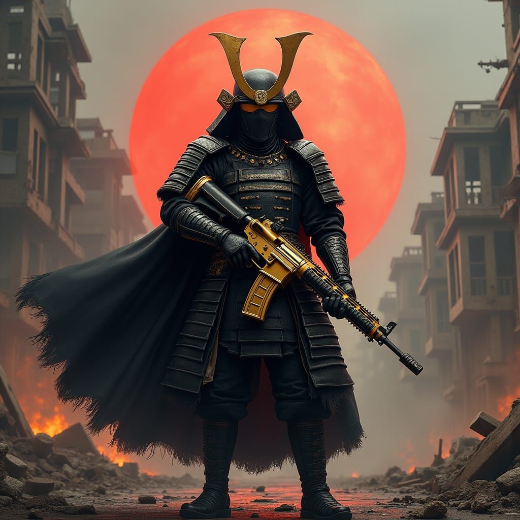 Noir Samurai with Golden Rifle in War-Torn City