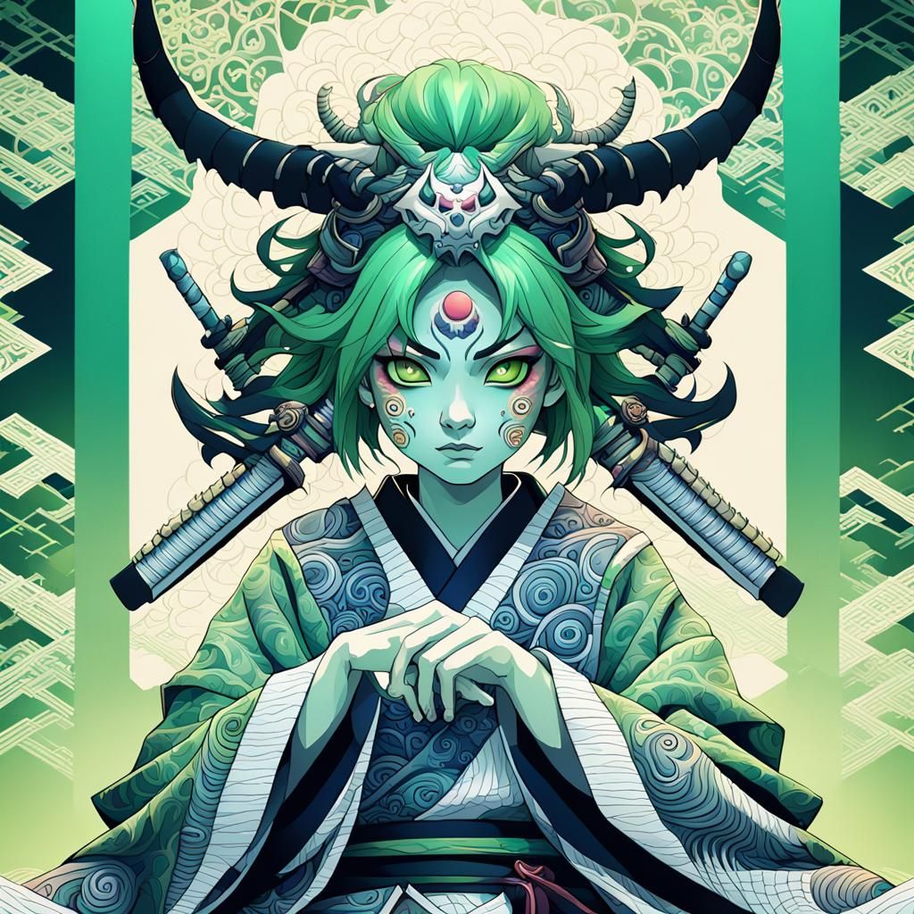 Female Oni in Japanese Castle: Abstract Digital Art