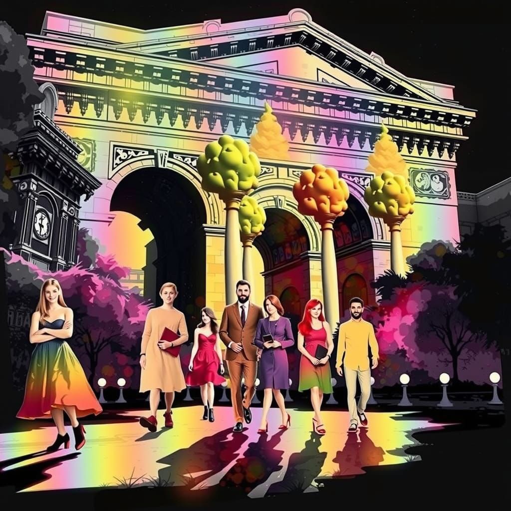 Radiant Woman on Crowded Beach at Dawn