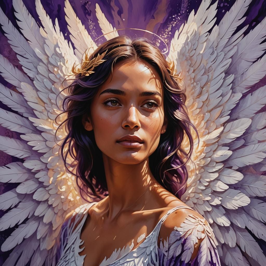 Angelic Woman in Purple Light: Gouache Painting