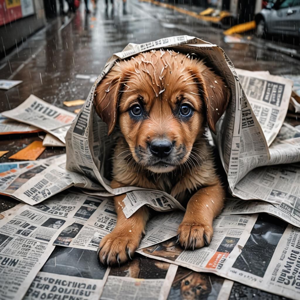 Frightened Malamute Puppy Hiding in Rainy City