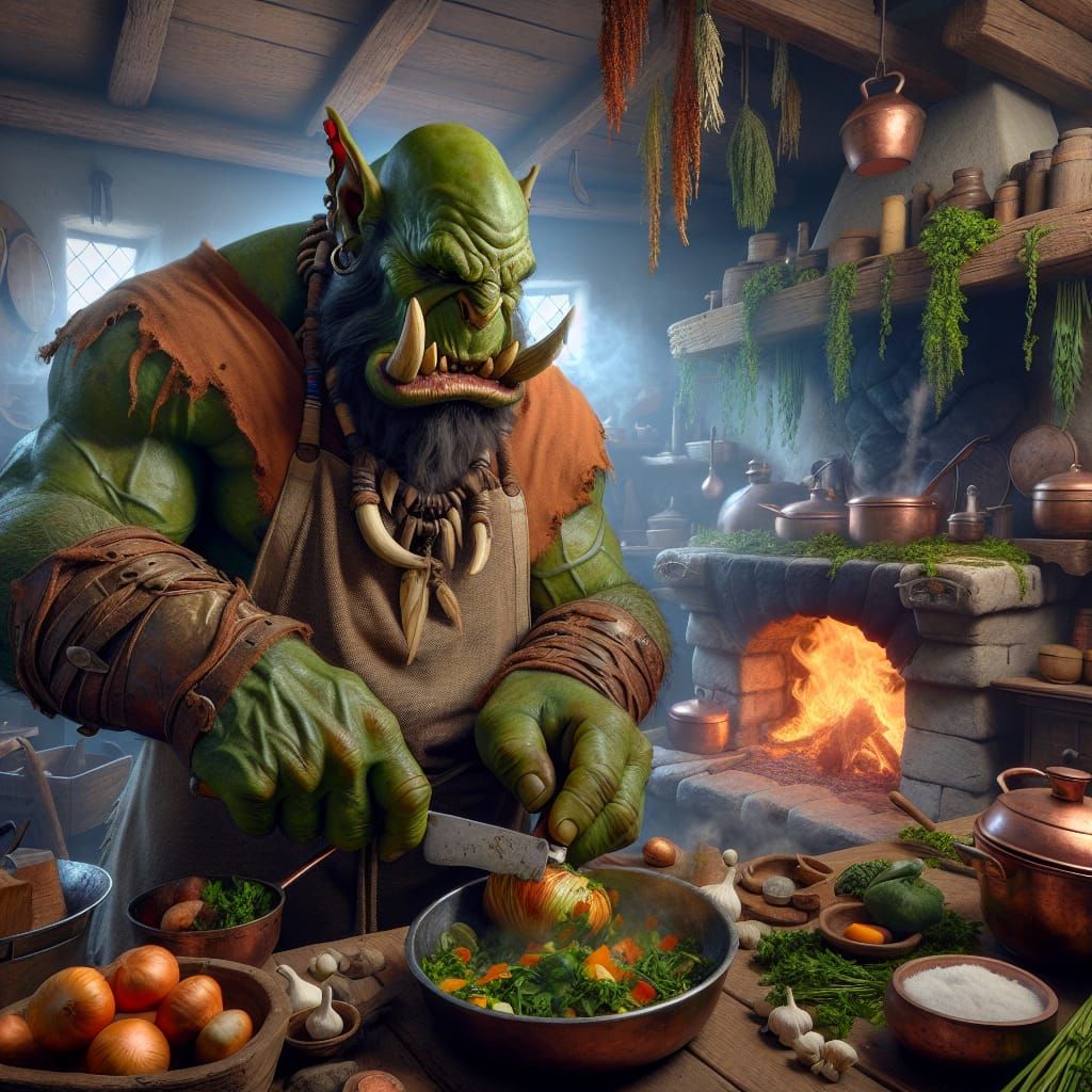 Hyper-realistic Orc in a fantasy kitchen creating a culinary masterpiece