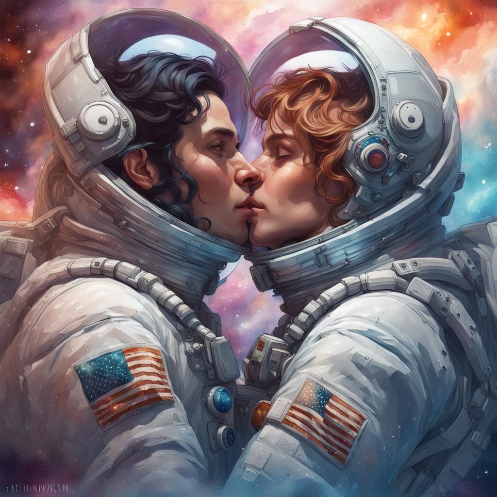 Astronauts' Kiss in Space: Watercolor Concept Art