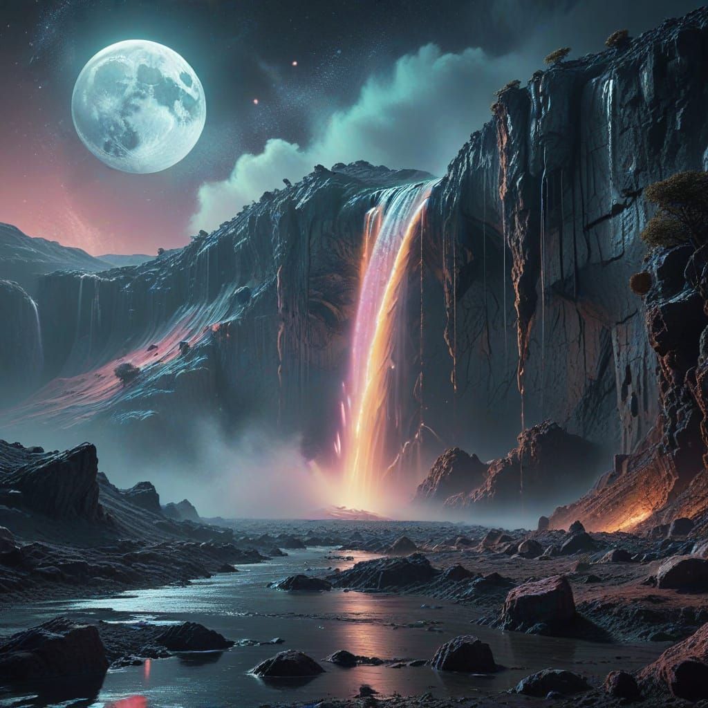 Lunar Waterfall: Surreal Sci-Fi Digital Art