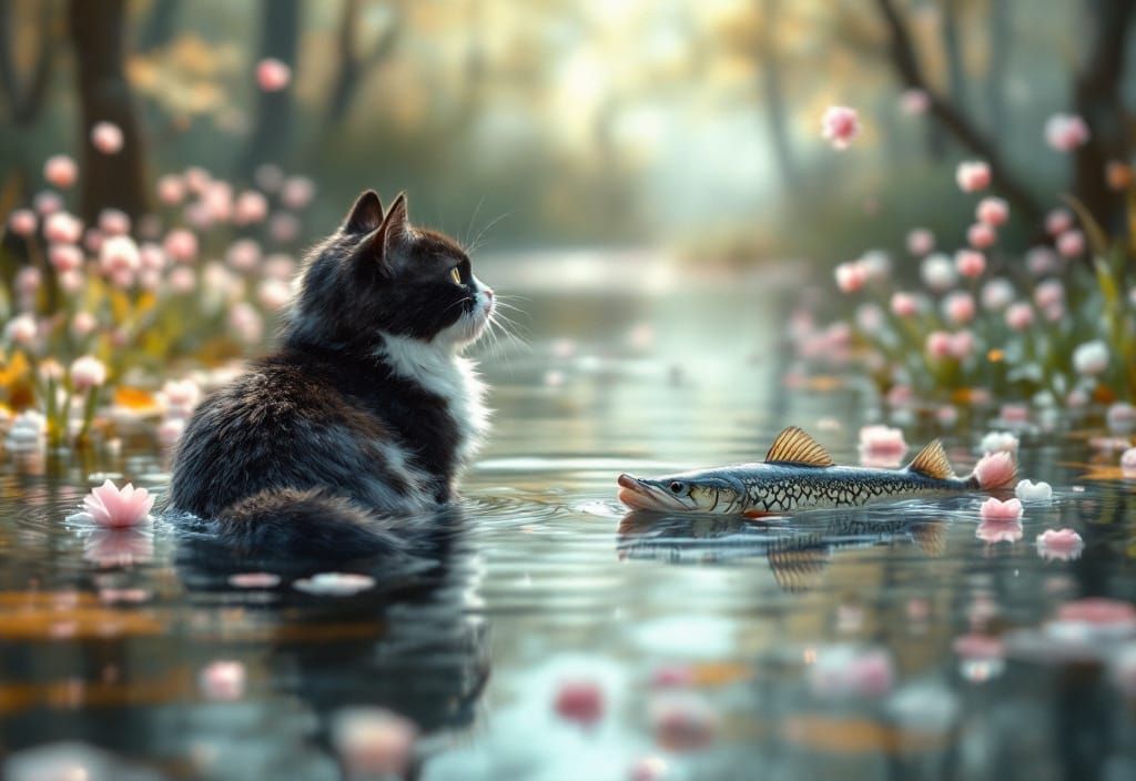 Marshmallowpunk Pond Scene with Cat and Pike