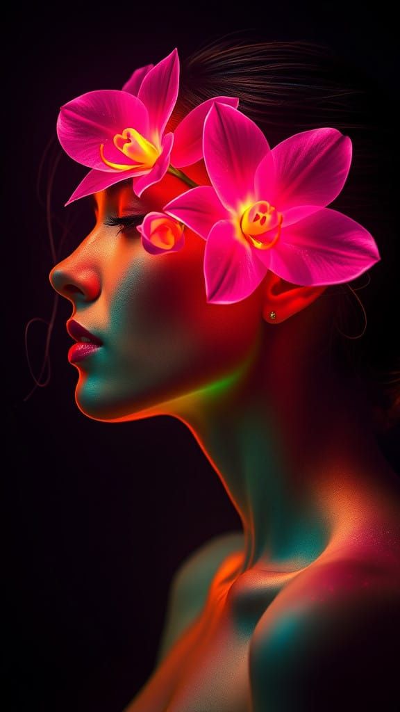 Surreal Futuristic Portrait with Neon Flowers and Luminous T...