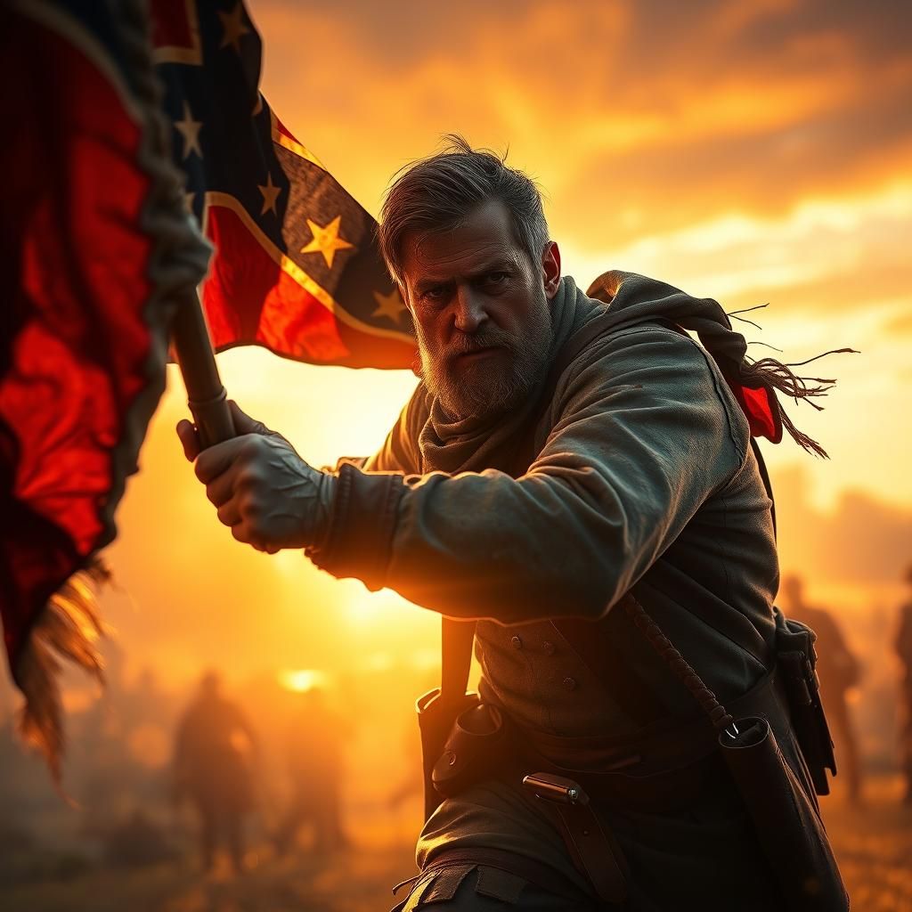 A civil war confederate soldier in full charge, carrying a confederate flag.