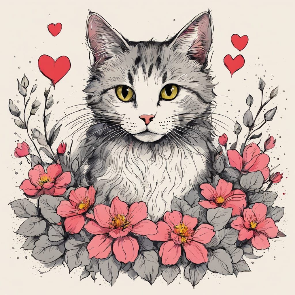 Cute Cat Surrounded by Whimsical Flowers in a Heartfelt Scen...