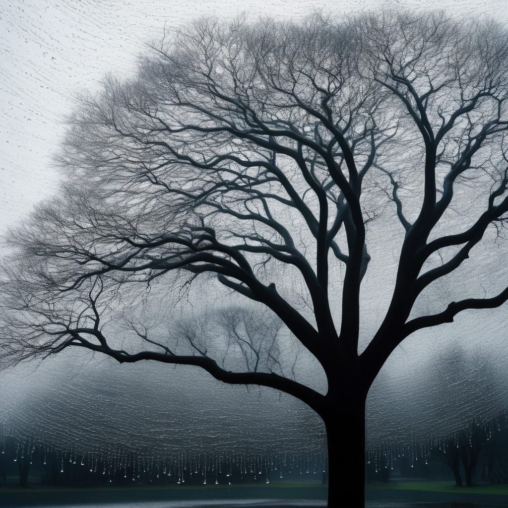Majestic Tree Through Rainy Windowpane in Impressionist Styl...