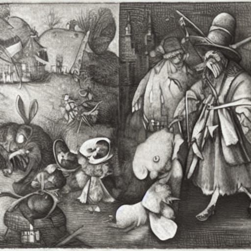 Whimsical Surrealist Scene in Mixed Media Style