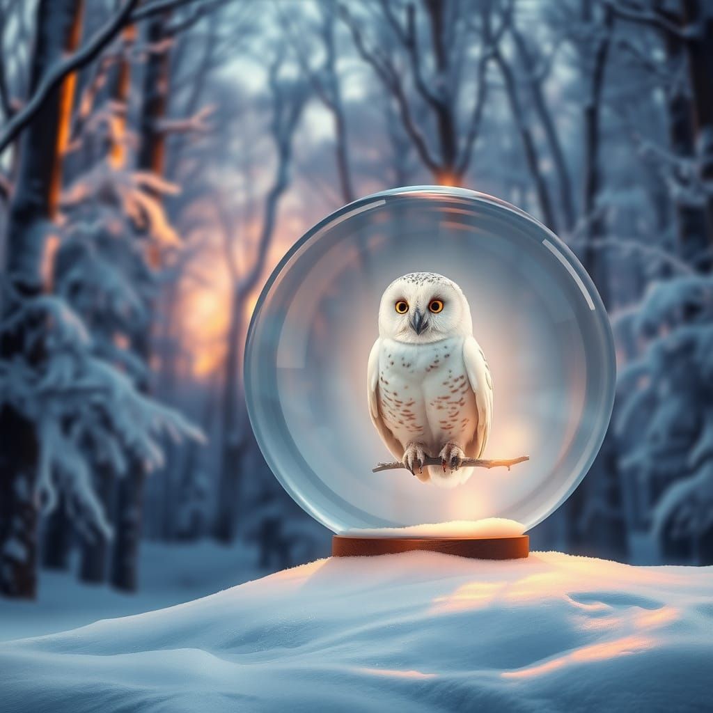 Snowy Forest Sphere with Cute Owl in Ethereal Light