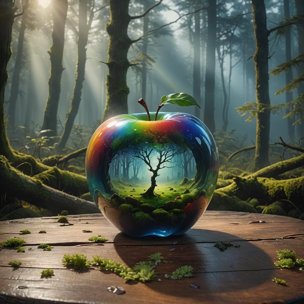 Rainbow Glass Apple in Misty Forest, Art Nouveau