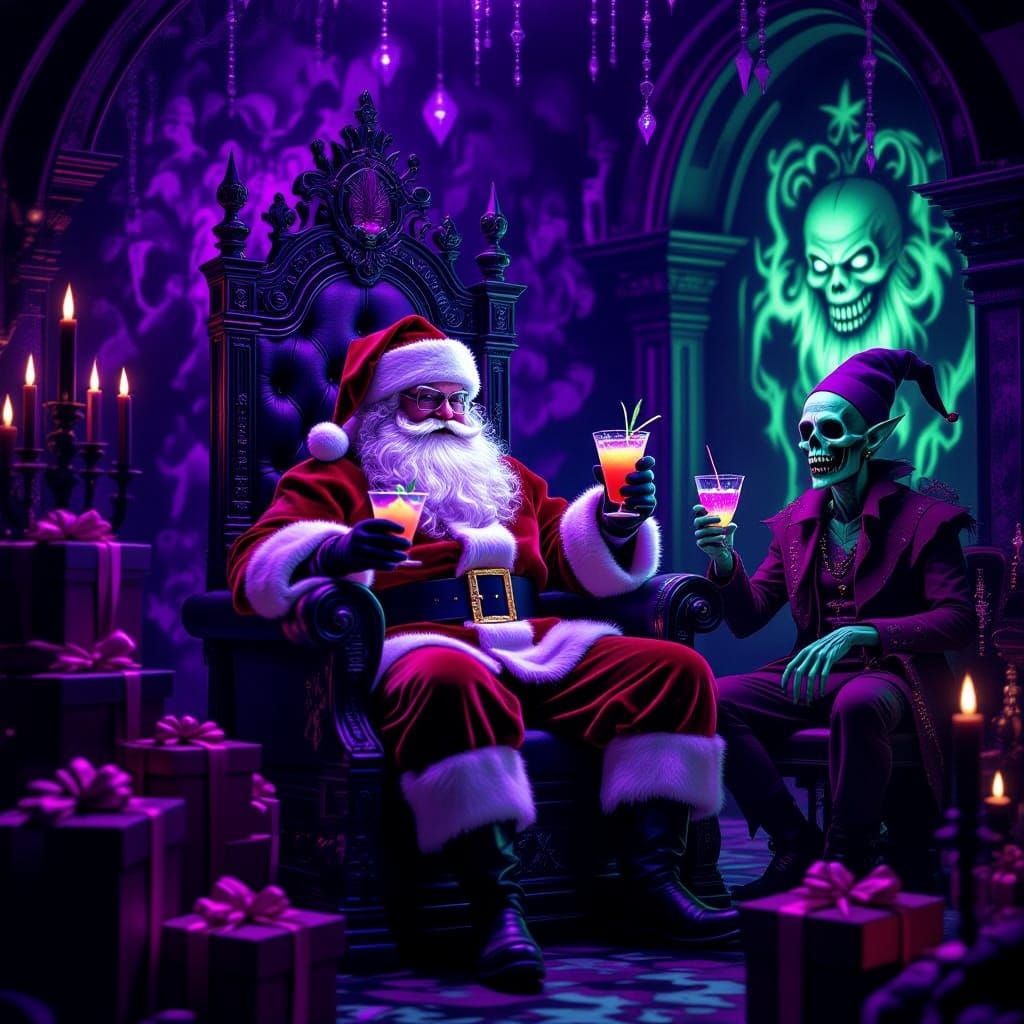 Gothic Santa in Neon Lounge with Zombie Elf