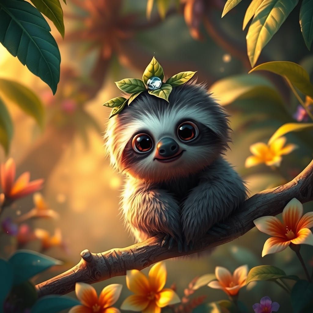 Surreal Jungle Realm with a Delicate Sloth Princess