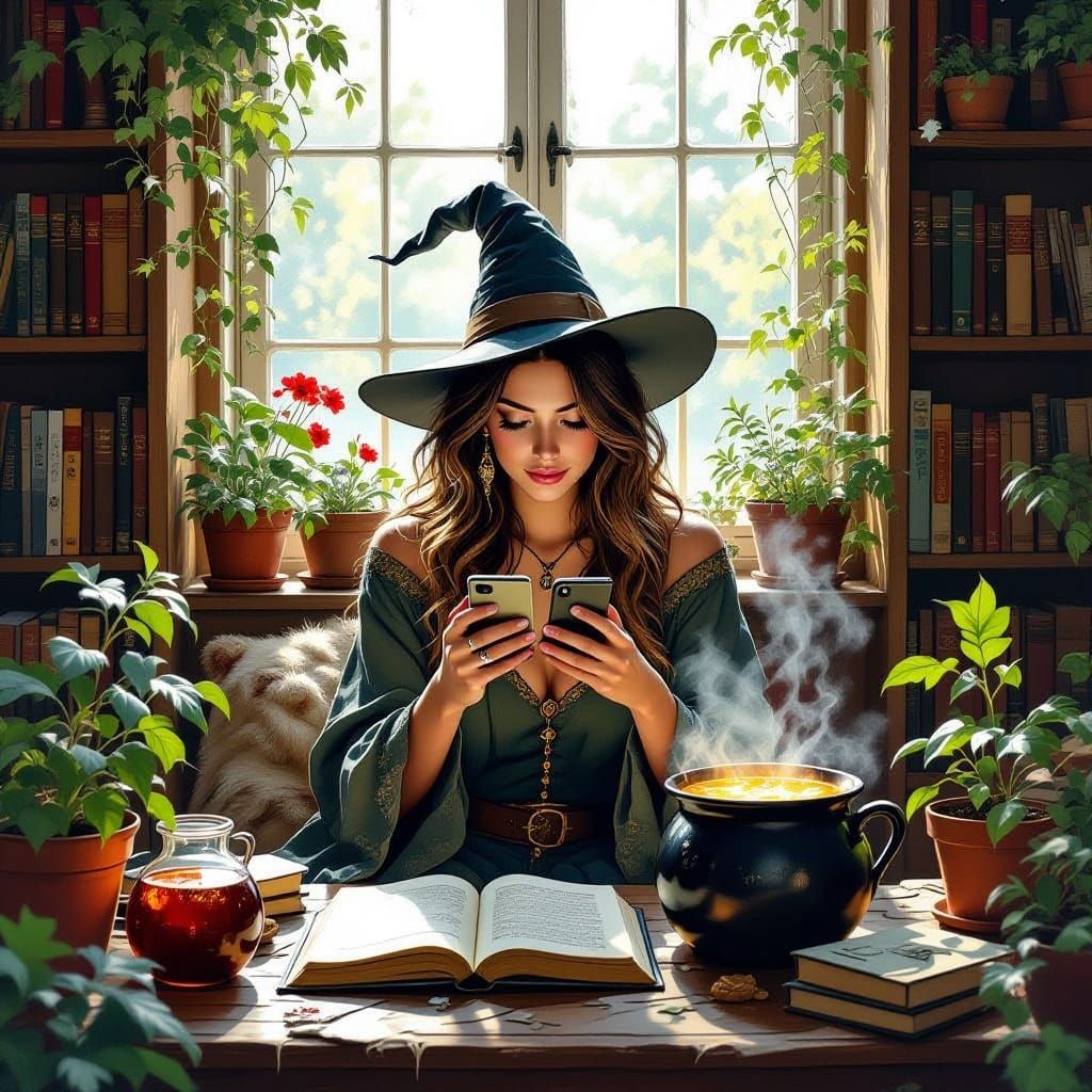 Modern Witch with Phone in Cozy, Cluttered Apartment