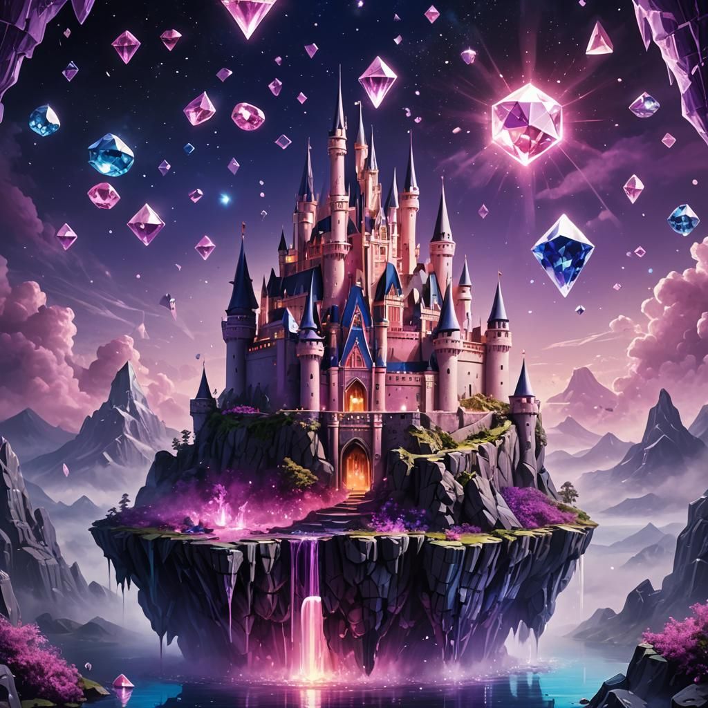 Diamond Castle Floating on Crystal in Night Sky