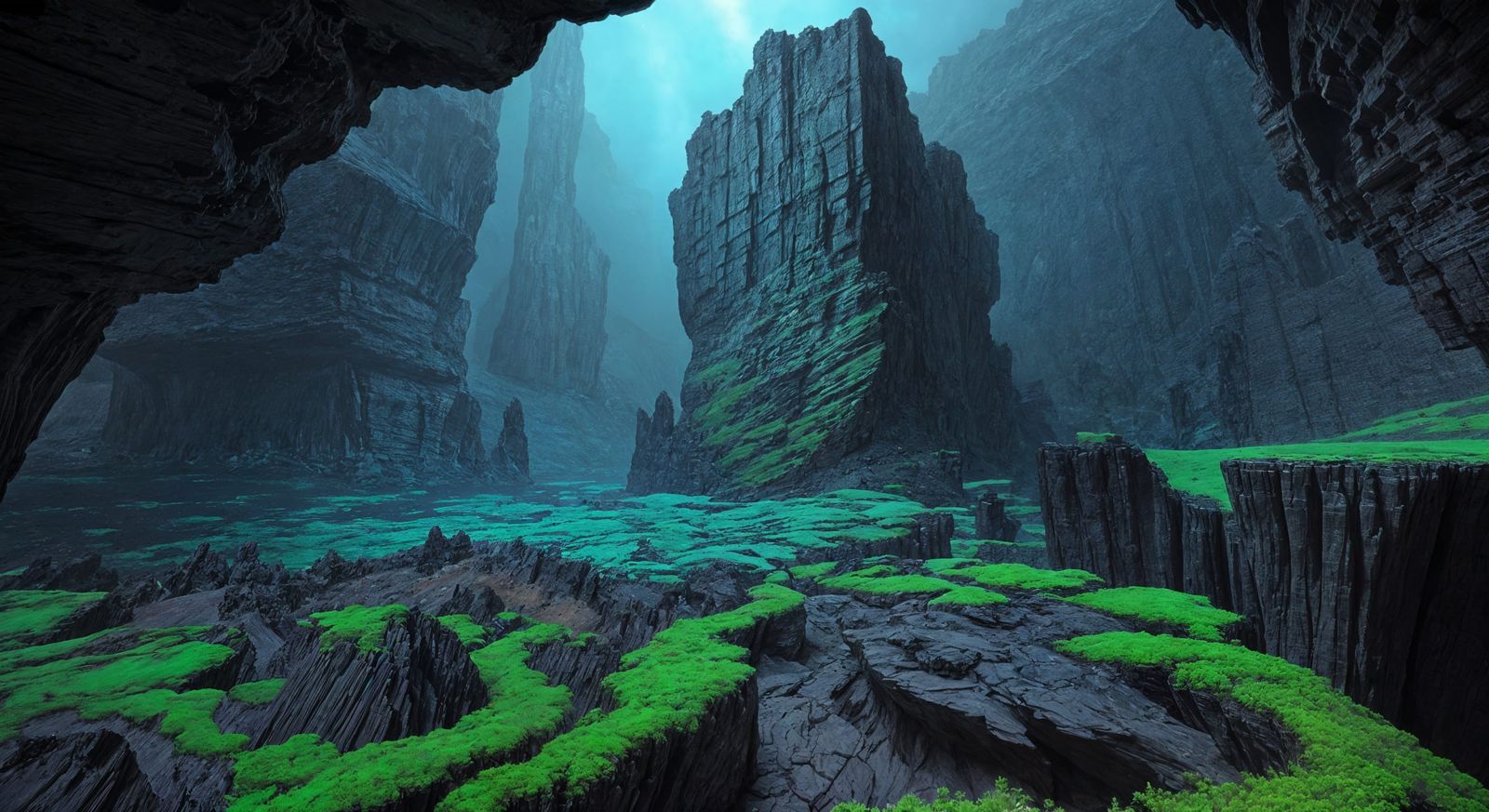 Fractal Chasm in Triadic Colors with Moss-Covered Rocks