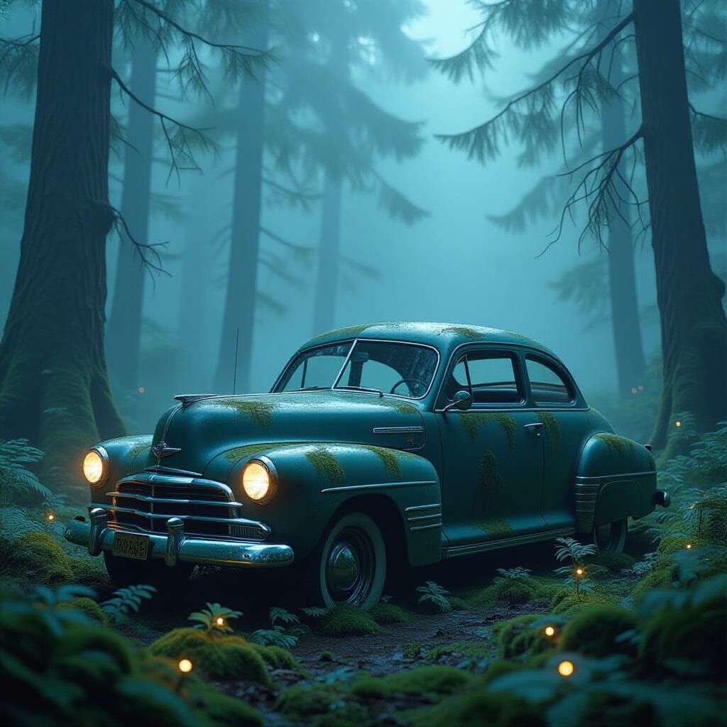 Ancient Car in Misty Forest with Bioluminescent Flora