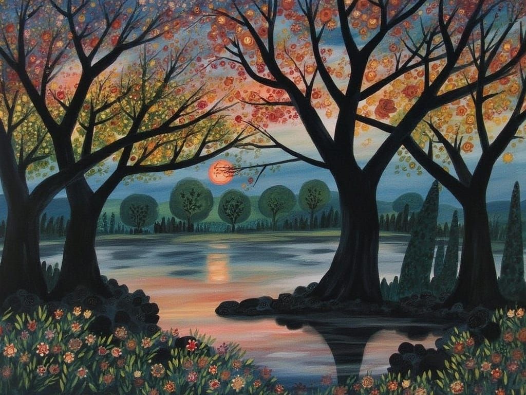 Majestic Dusk Landscape with Lake and Ancient Oak Trees in E...