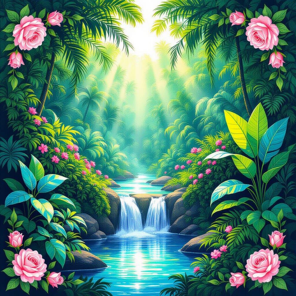 Surreal Tropical Dreamscape in Colored Pencil Style