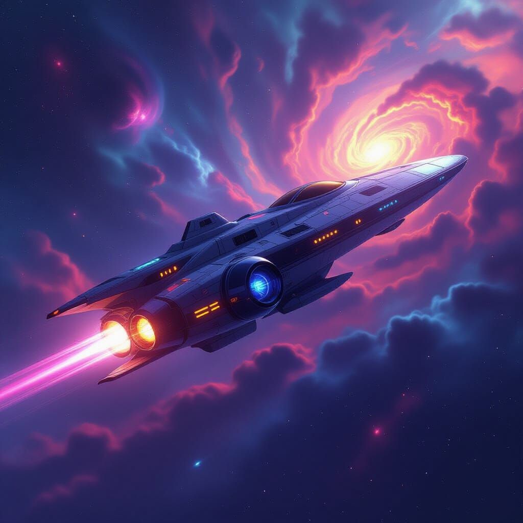 Majestic Spaceship Navigates Vibrant Nebula in Concept Art S...