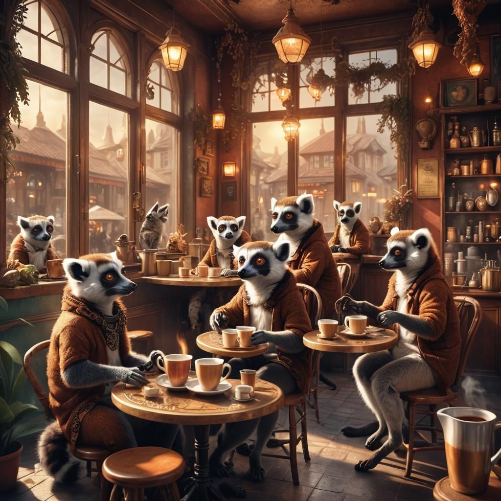 Lemurs in a Cozy Cafe: Digital Matte Painting