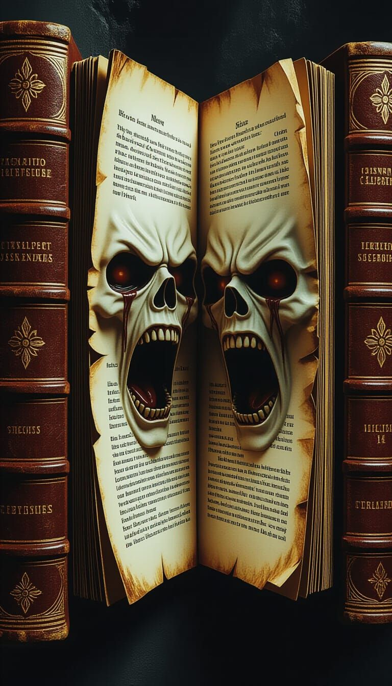 Ethereal Faces Emerge from Ancient Books in Cinematic Horror