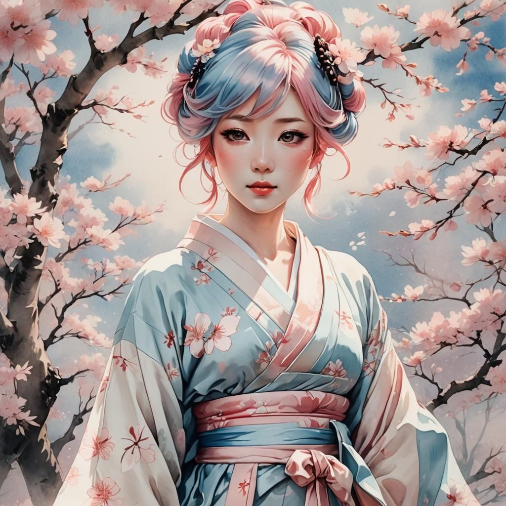 Pregnant Anime Woman in Traditional Japanese Clothing