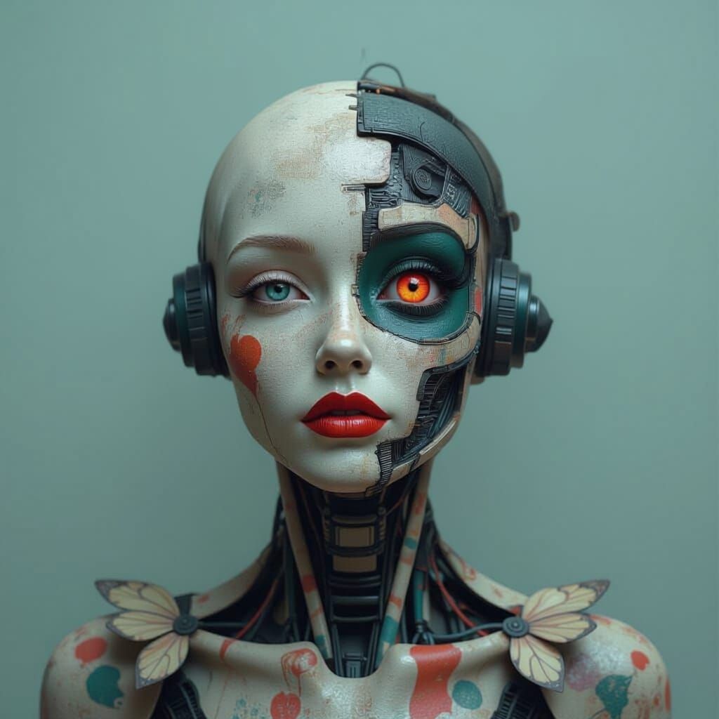 Surreal Biomechanical Figure with Butterfly Wings and Mechan...