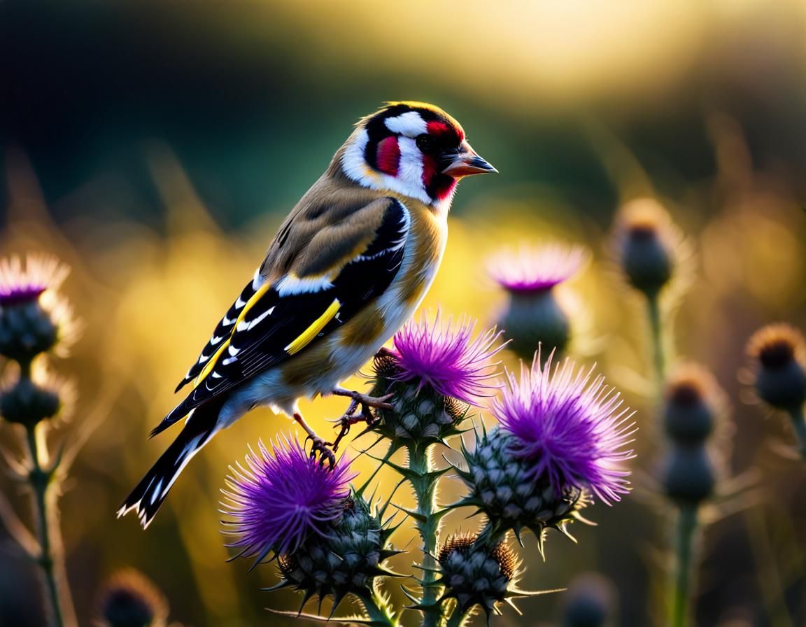 European Goldfinch on Thistle in Black Light Art