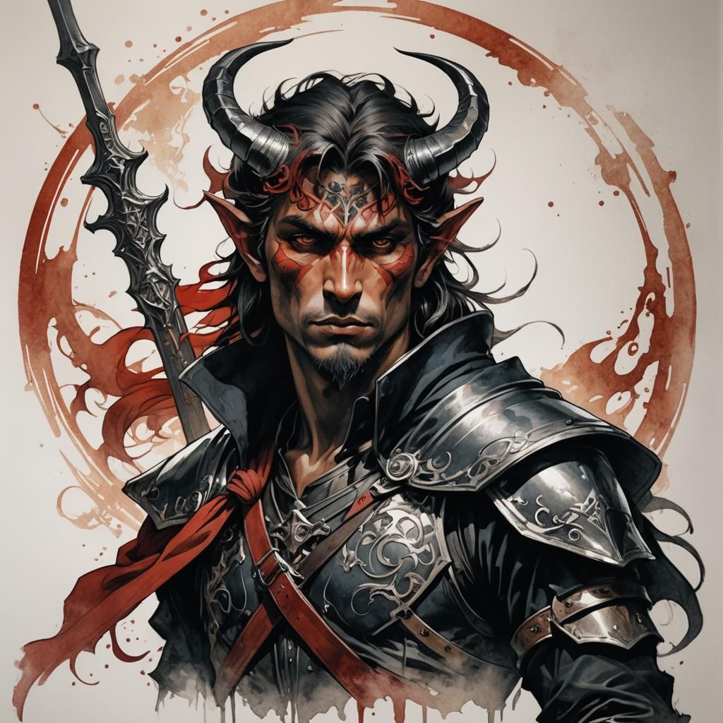 Dynamic Tiefling Warrior Ink Sketch in Anime Style