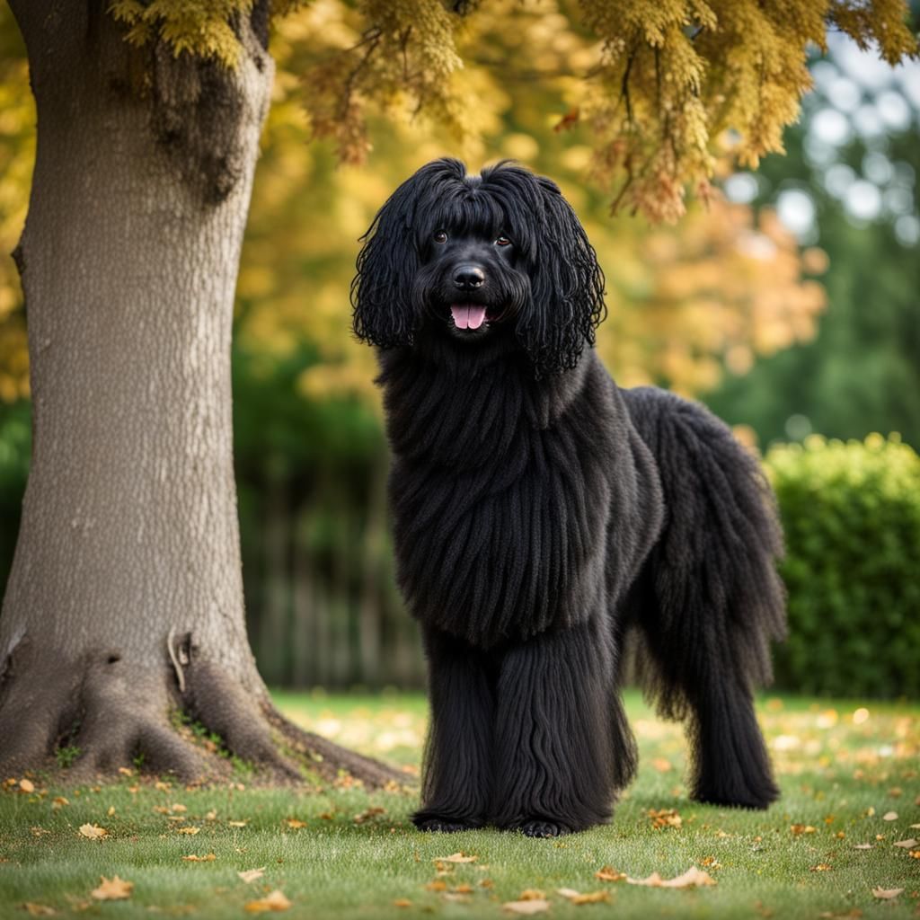 Black Puli Dog Portrait Near an Elm Tree