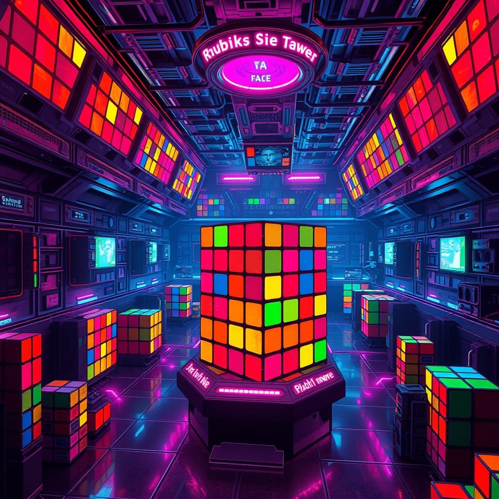 Surreal Neon Space Station Built from Rubik's Cubes